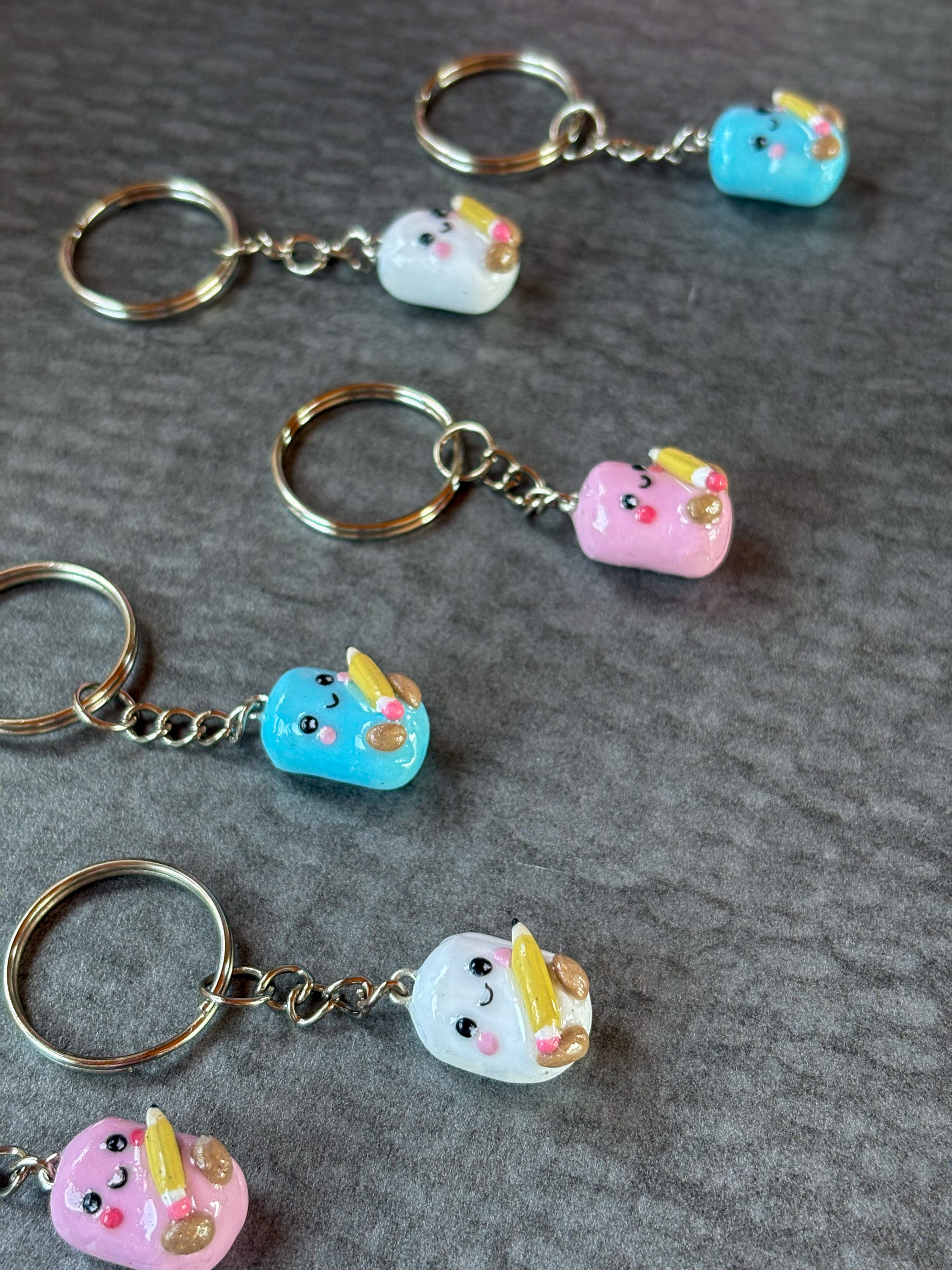 Pink marshmallow holding pencil Jellycat inspired keyring
