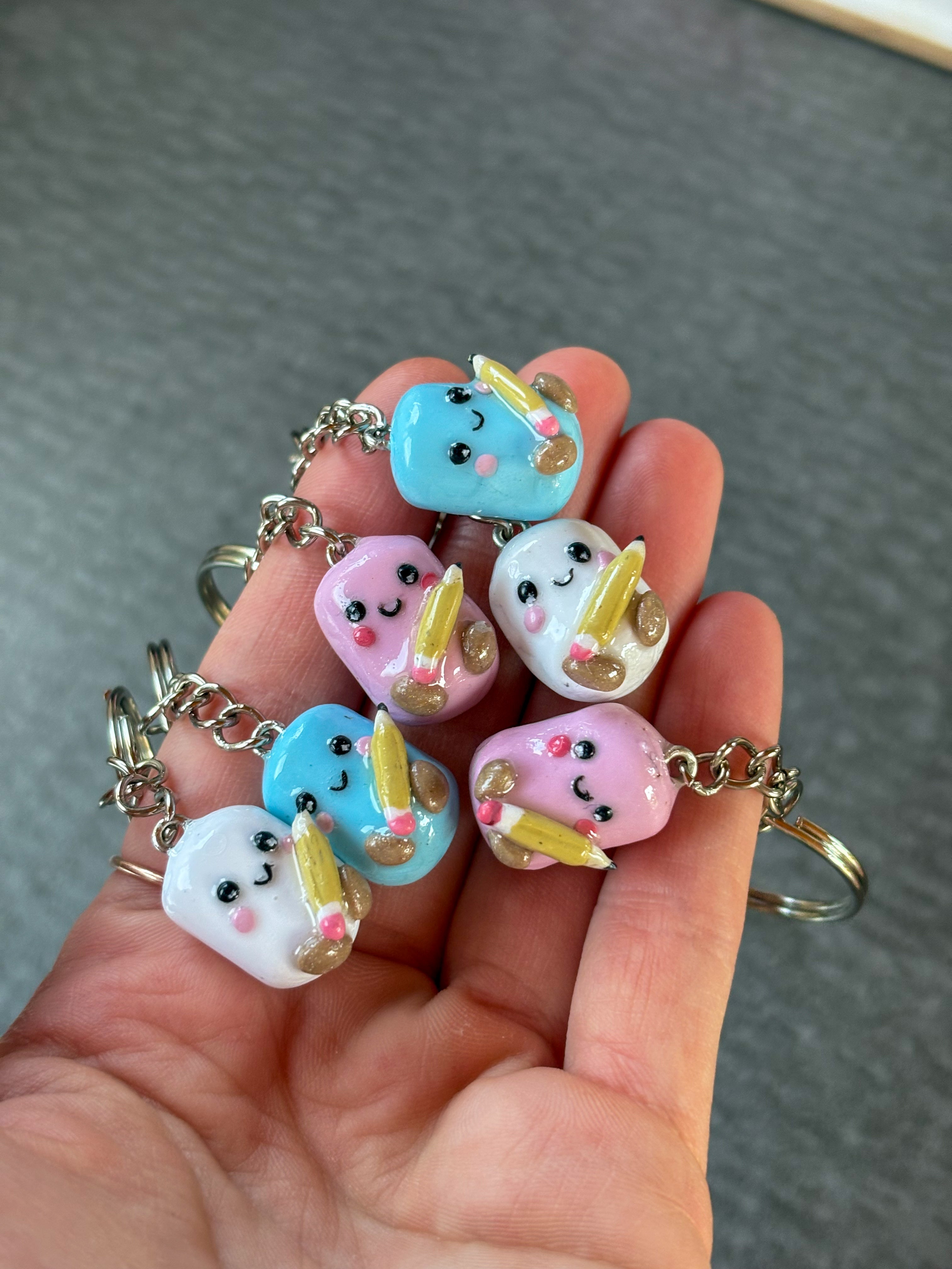 Pink marshmallow holding pencil Jellycat inspired keyring