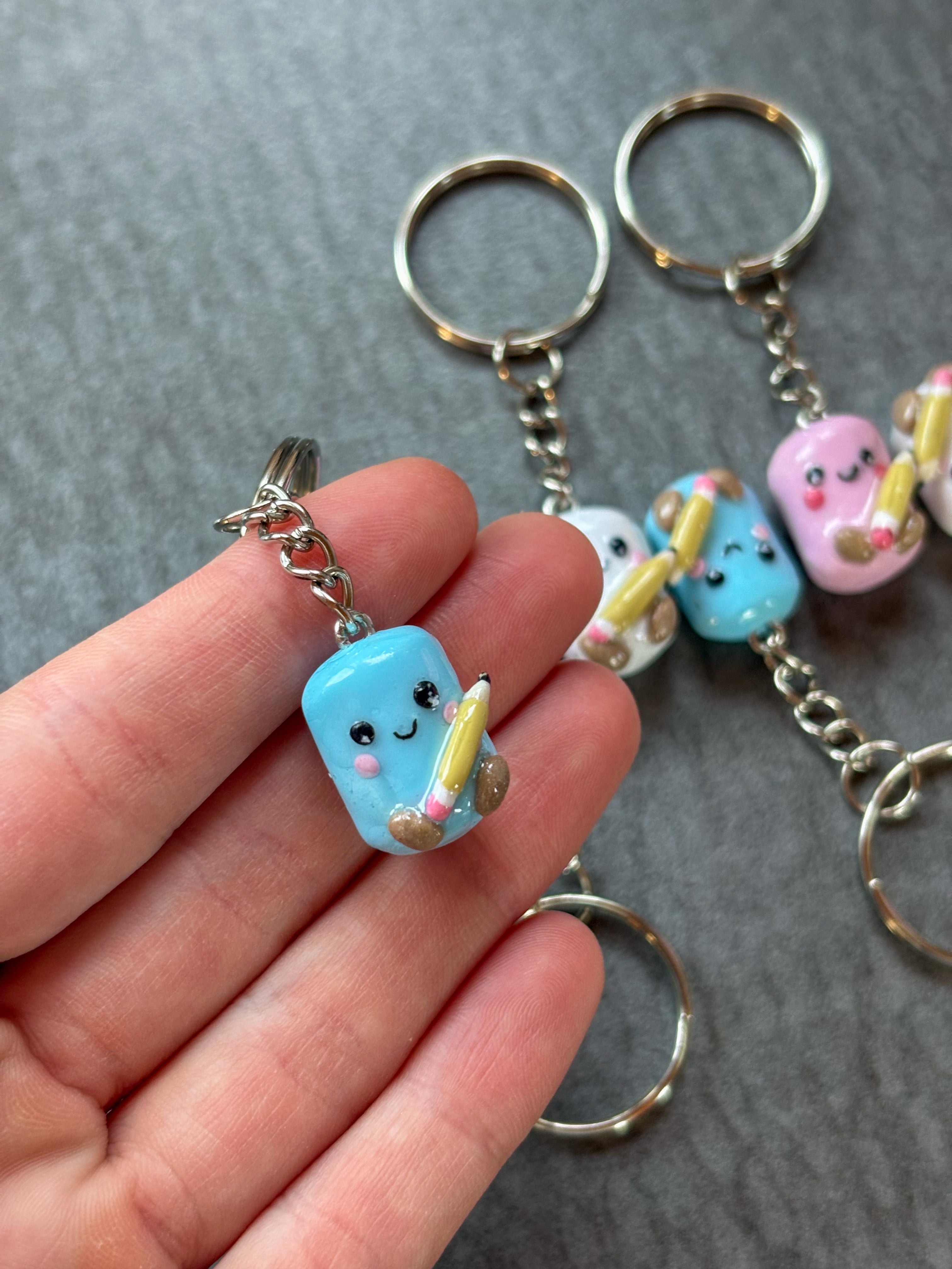 Blue marshmallow holding pencil Jellycat inspired keyring