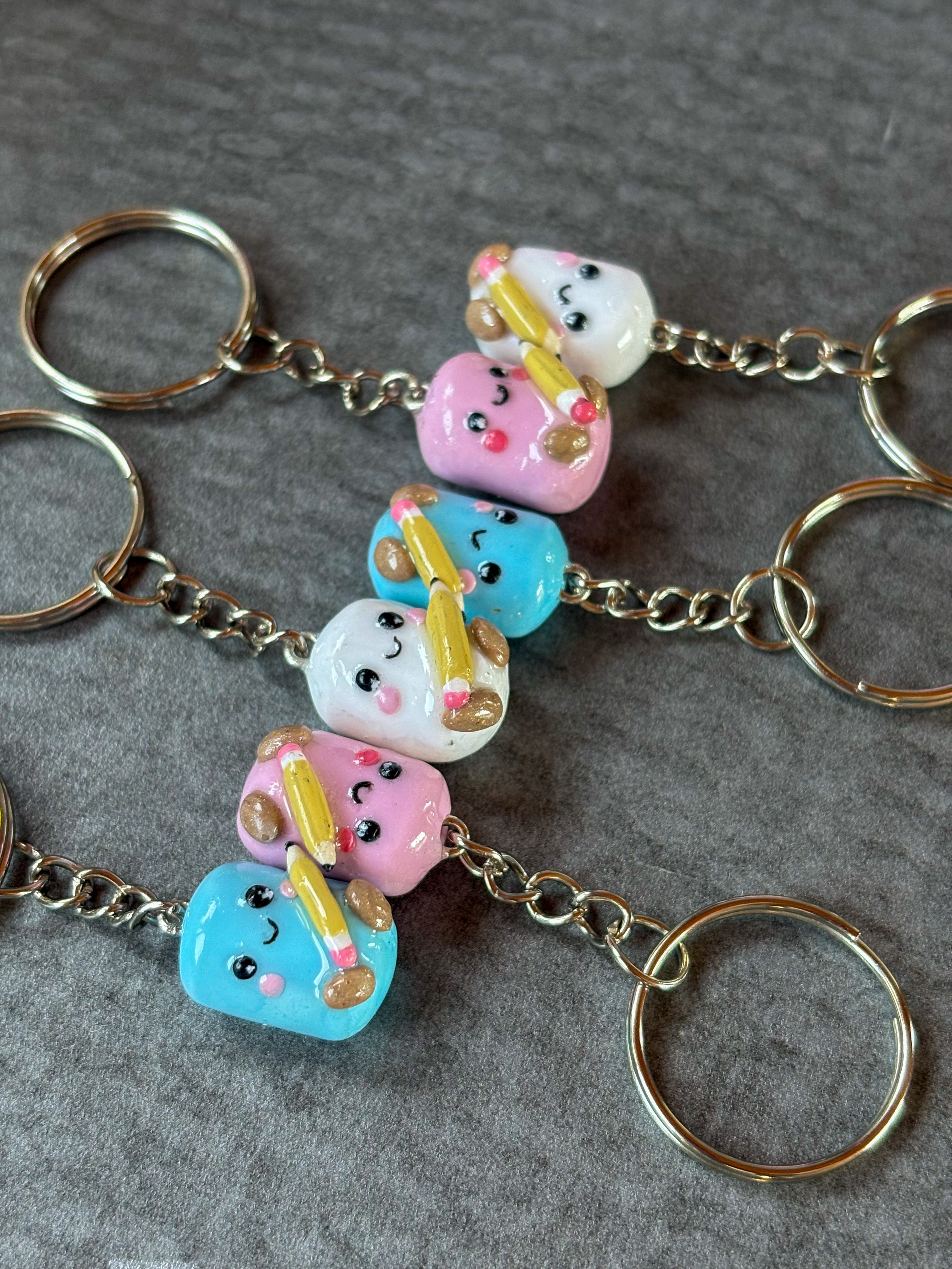 Pink marshmallow holding pencil Jellycat inspired keyring
